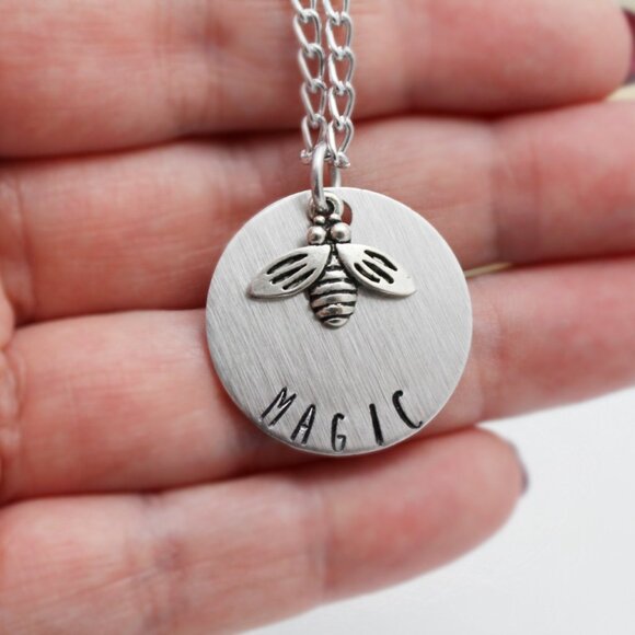 Bee Magic - Hand Stamped Pendant w/ 18" Chain - Handmade & Hypoallergenic - Picture 5 of 6